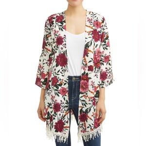 Time And Tru Maroon/Yellow/Green Floral Kimono Bell Sleeves And Lace